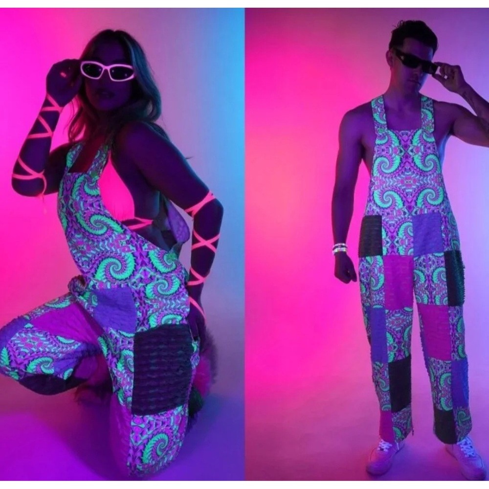 IHeartRave Forest Neon UV Glow Patchwork Festival Overalls 2XL IHR20307-1-2XL
